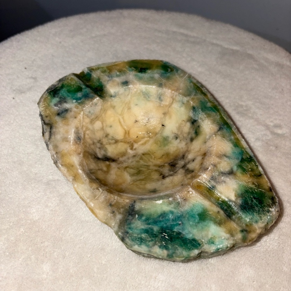 Vintage Italian Alabaster Rustic Hand Carved Ashtray Green/blue/blk/wht Veining